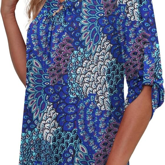 Elegant Women's Plus Size Floral Blouse - 2X V-Neck Tunic with 3/4 Sleeves - Picture 2 of 4